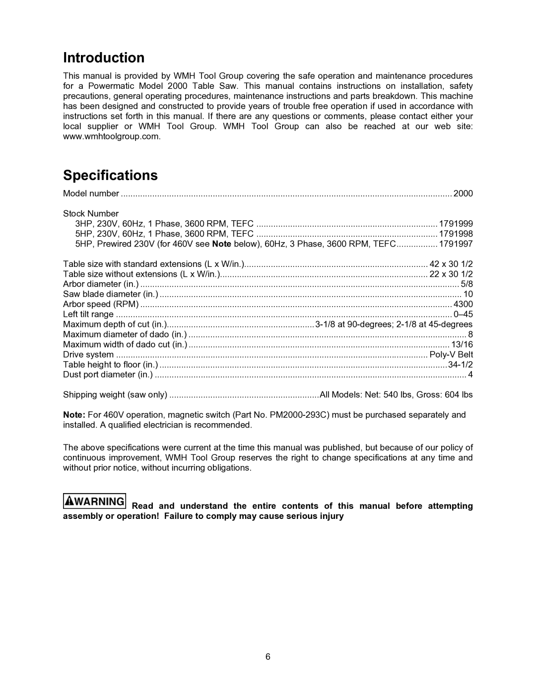 Powermatic 2000 operating instructions Introduction Specifications 