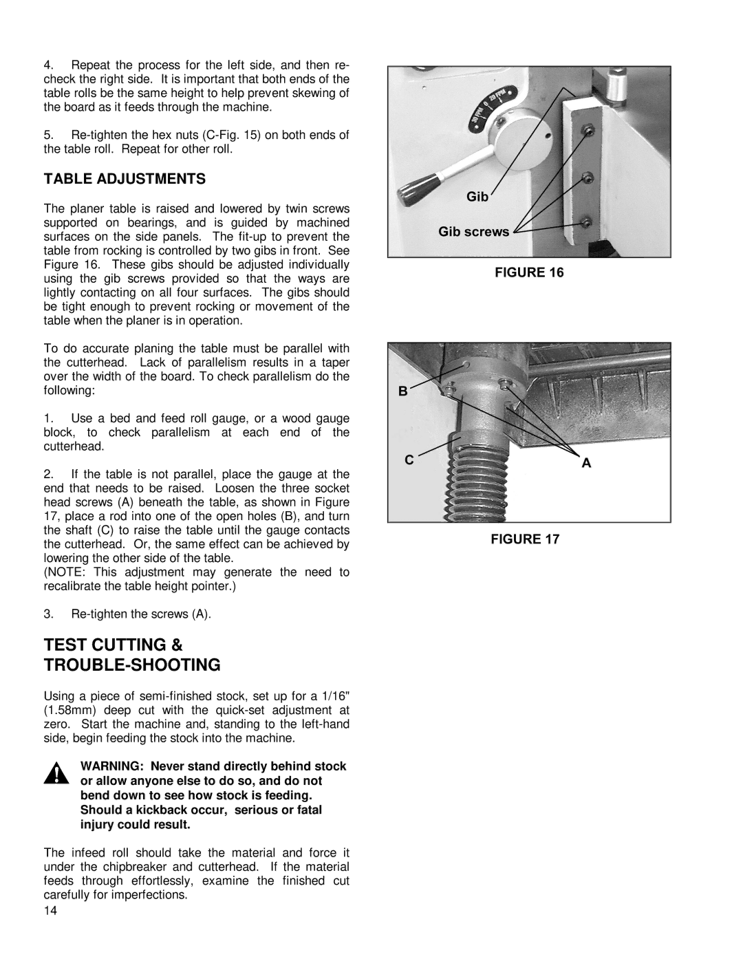 Powermatic 201 instruction manual Test Cutting TROUBLE-SHOOTING, Table Adjustments 