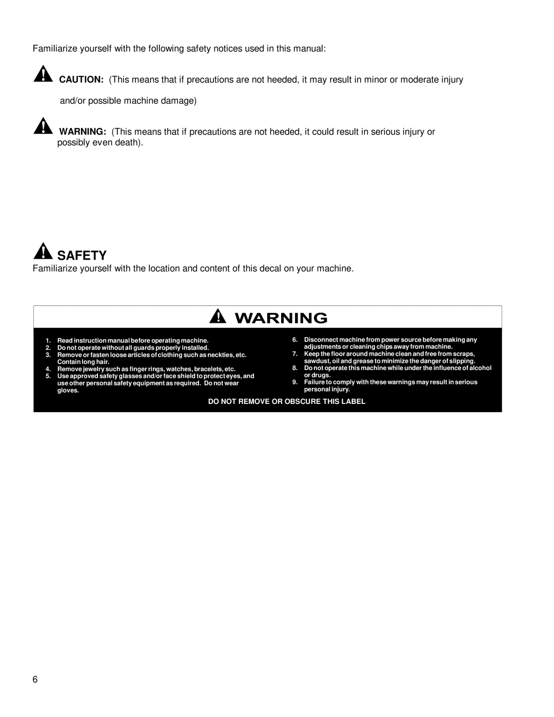 Powermatic 201 instruction manual Safety 