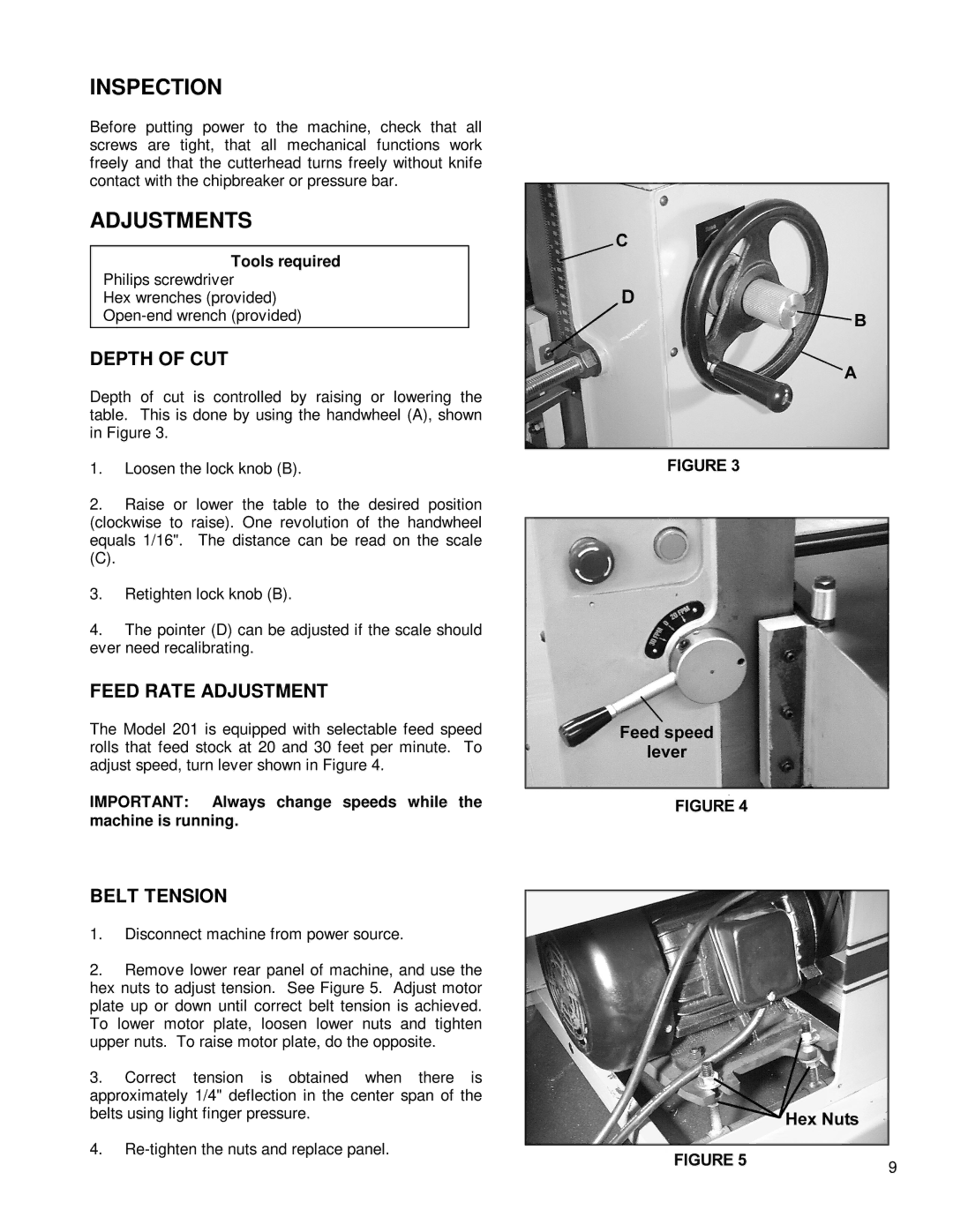 Powermatic 201 instruction manual Inspection, Adjustments 