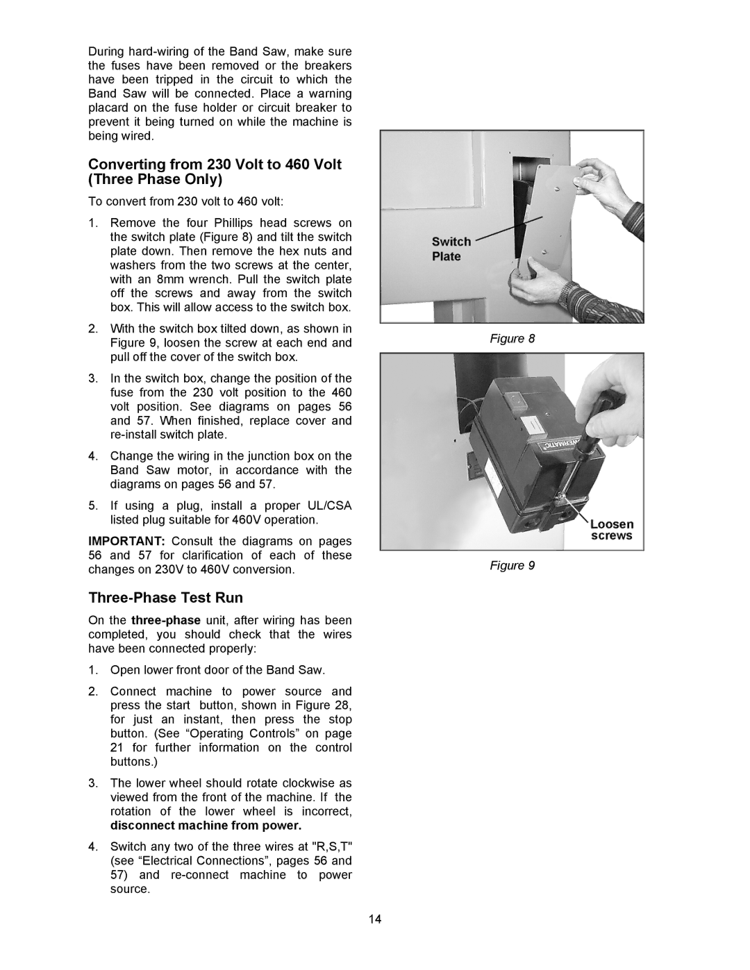 Powermatic 2013, 2415 operating instructions Converting from 230 Volt to 460 Volt Three Phase Only, Three-Phase Test Run 