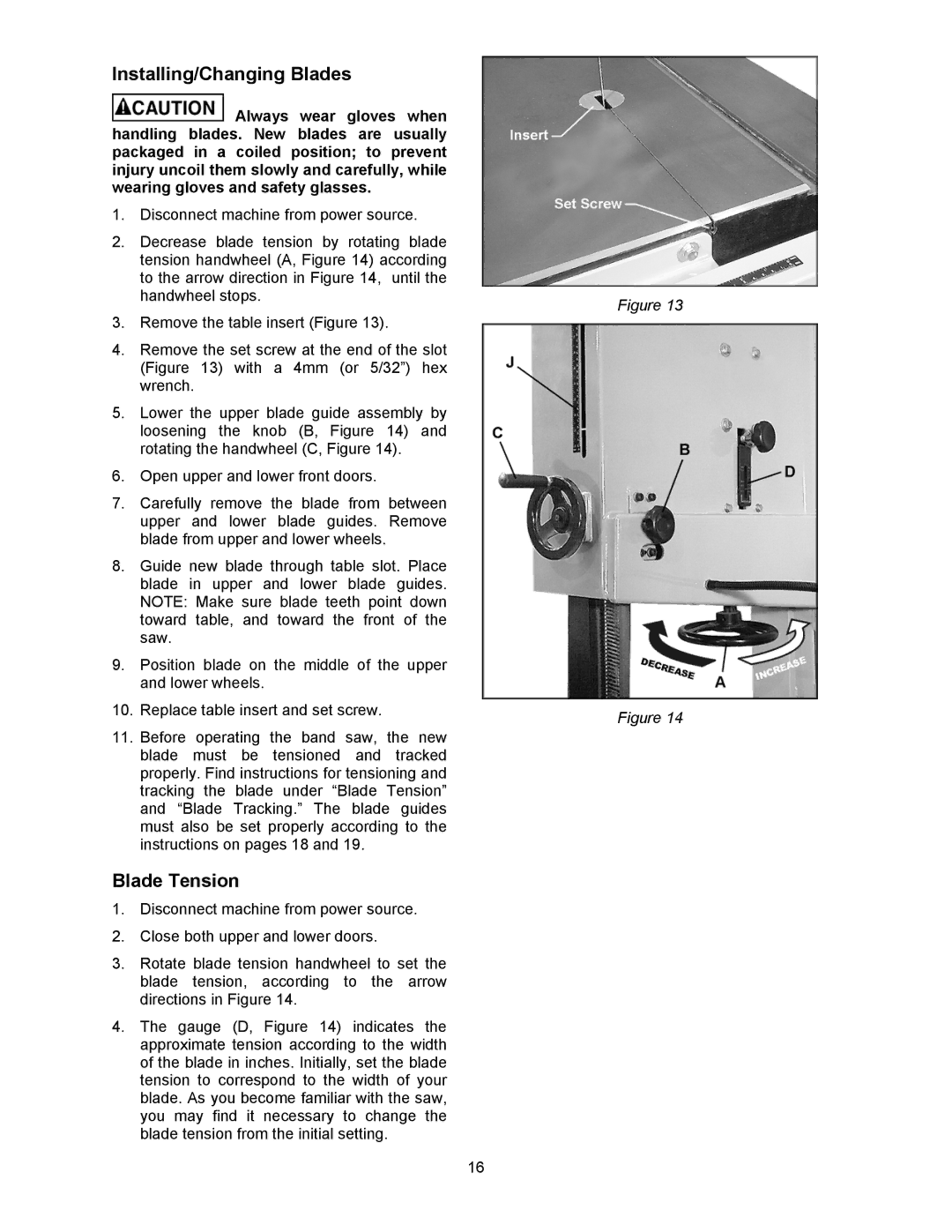 Powermatic 2013, 2415 operating instructions Installing/Changing Blades, Blade Tension 