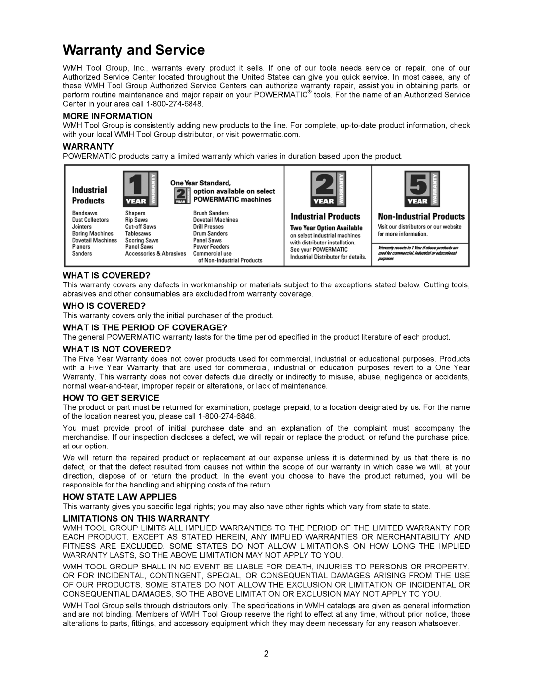 Powermatic 2013, 2415 operating instructions Warranty and Service, More Information 