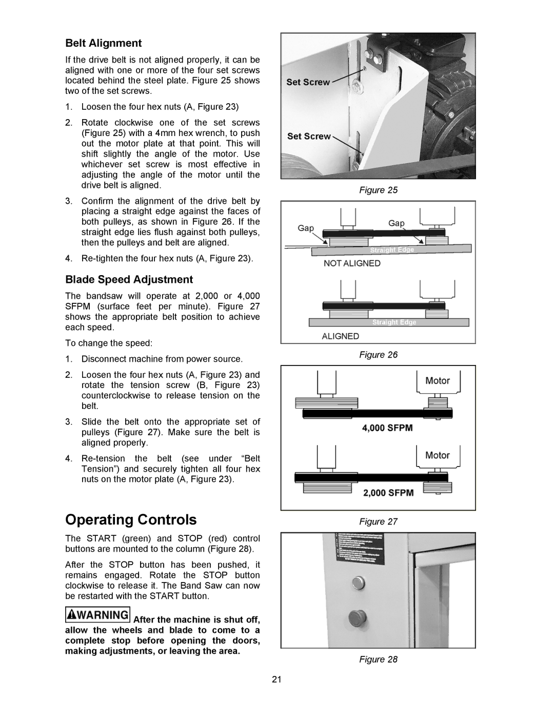 Powermatic 2415, 2013 operating instructions Operating Controls, Belt Alignment, Blade Speed Adjustment 