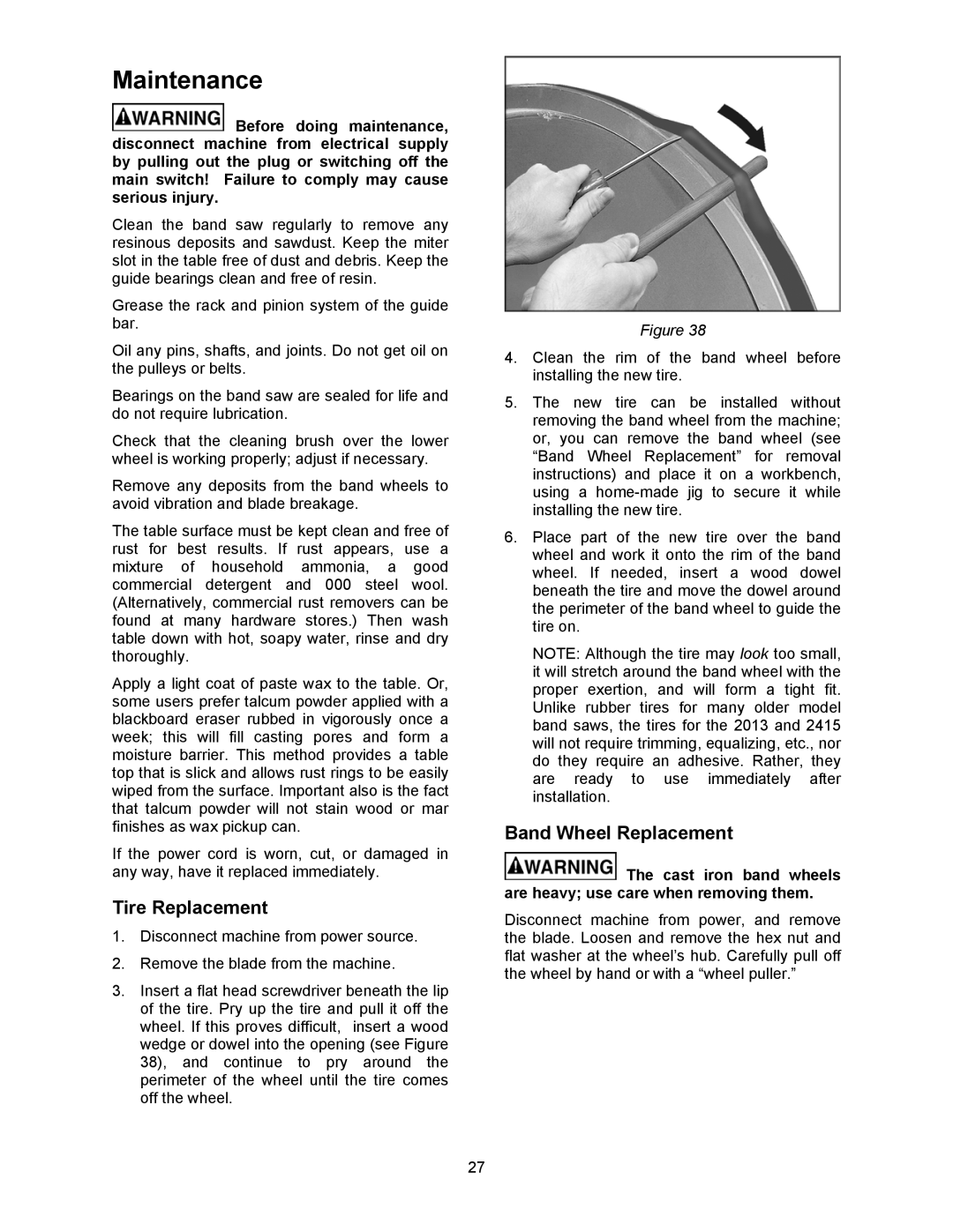 Powermatic 2415, 2013 operating instructions Maintenance, Tire Replacement, Band Wheel Replacement 