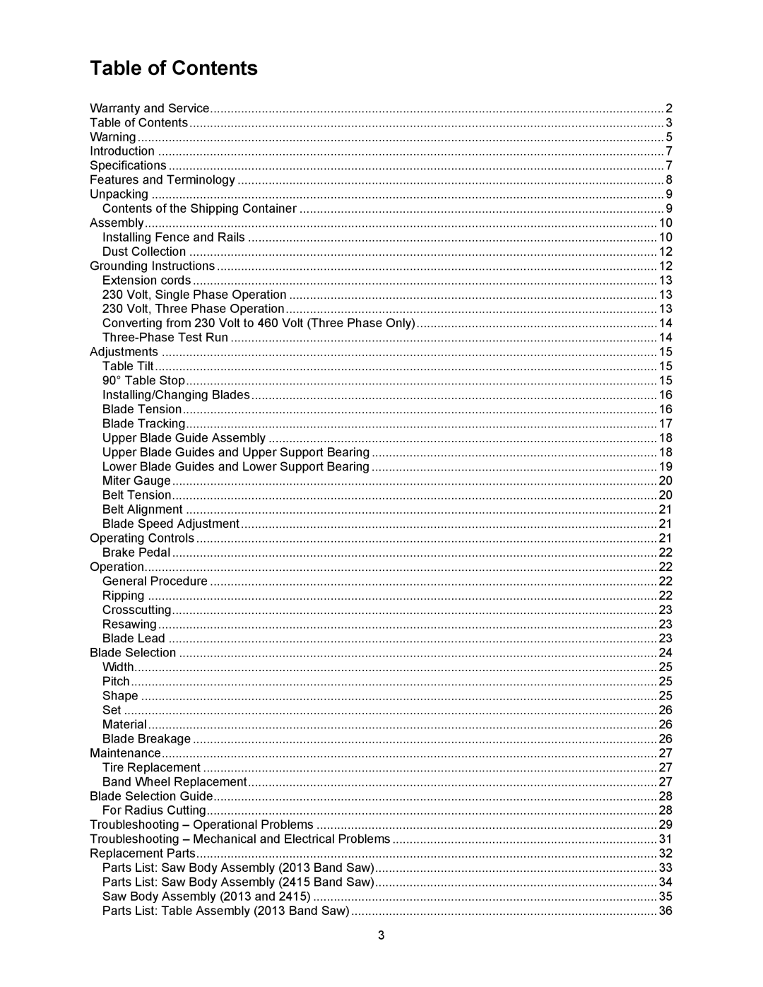 Powermatic 2415, 2013 operating instructions Table of Contents 