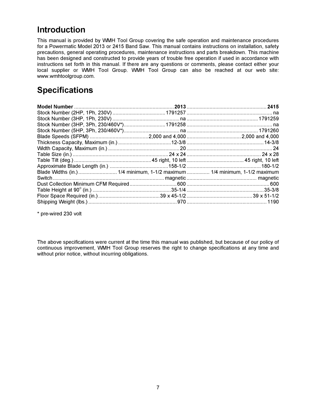 Powermatic 2415, 2013 operating instructions Introduction Specifications 