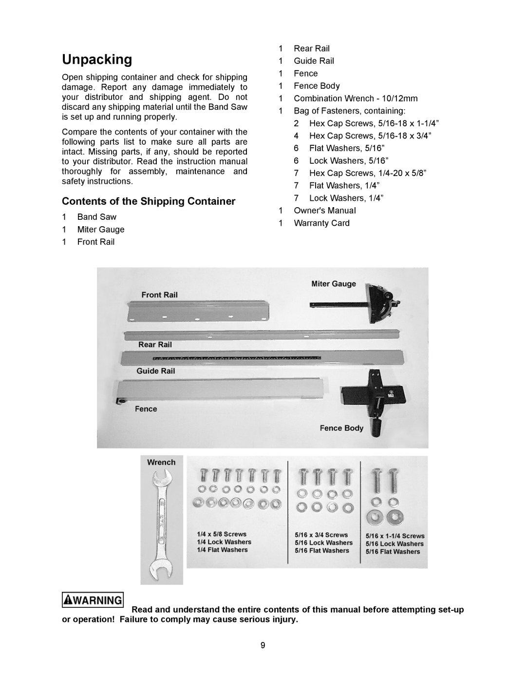 Powermatic 2415, 2013 operating instructions Unpacking, Contents of the Shipping Container 