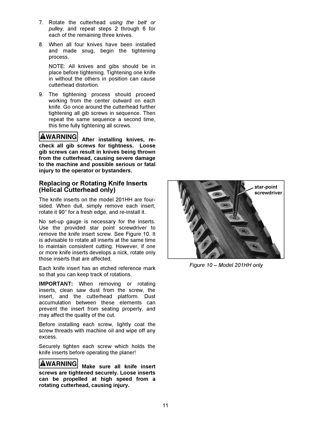 Powermatic operating instructions Replacing or Rotating Knife Inserts Helical Cutterhead only, Model 201HH only 