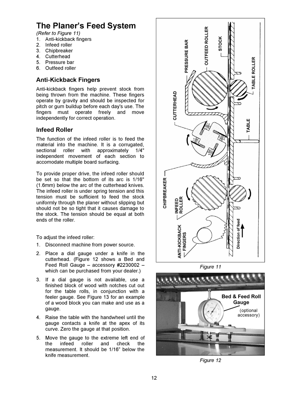 Powermatic 201HH operating instructions Planer’s Feed System, Anti-Kickback Fingers, Infeed Roller 