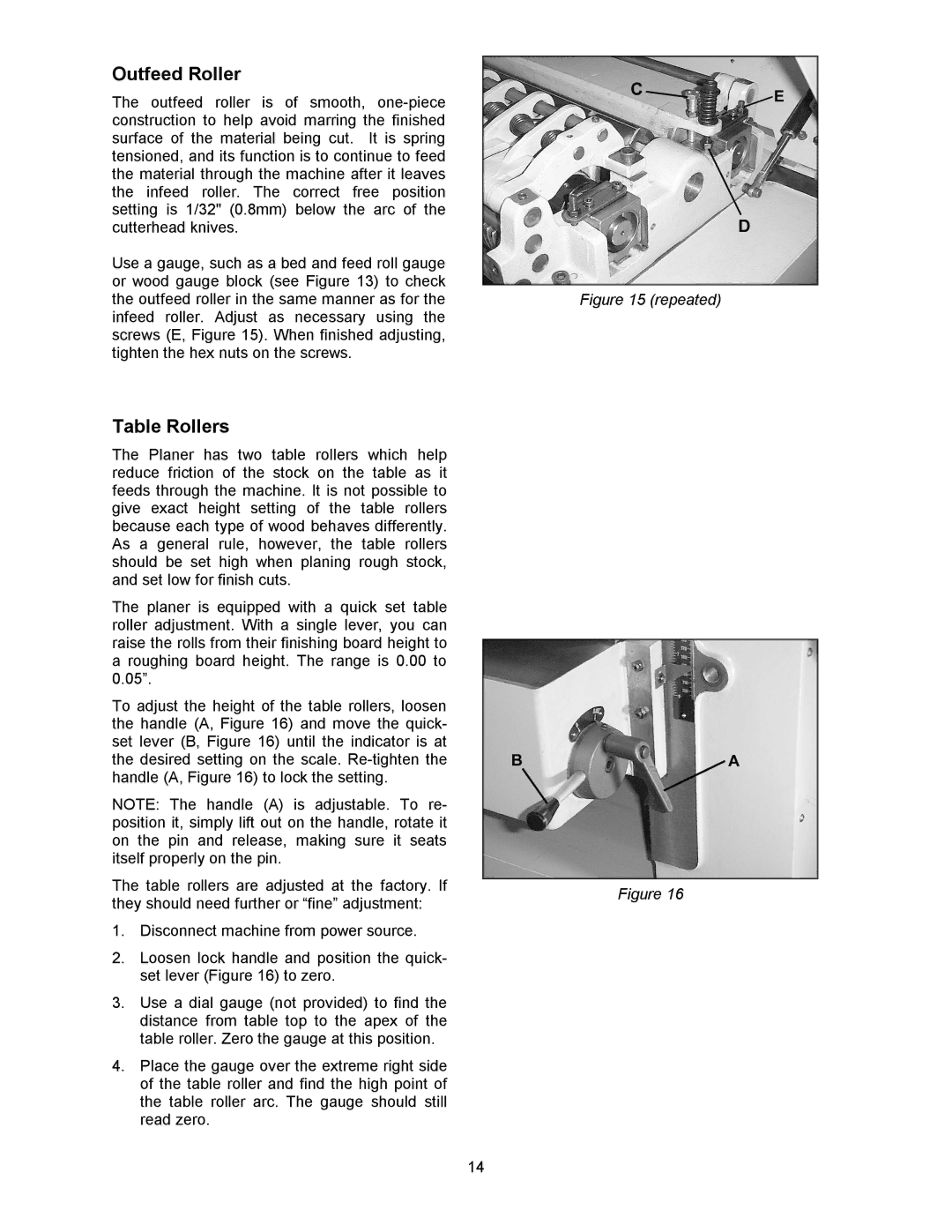 Powermatic 201HH operating instructions Outfeed Roller, Table Rollers 