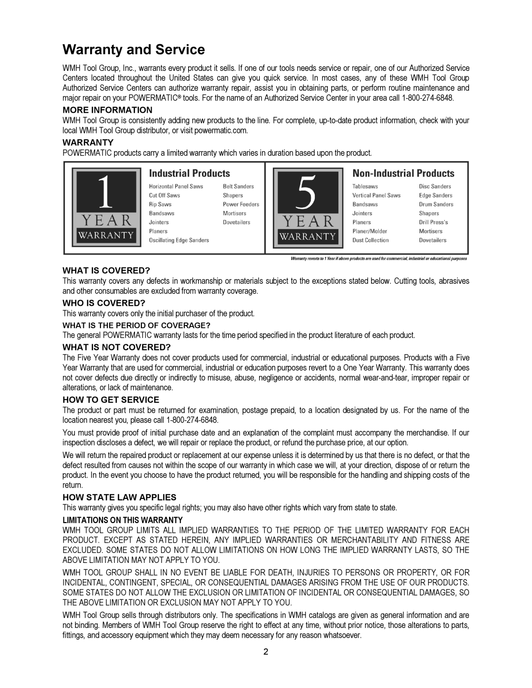 Powermatic 201HH operating instructions Warranty and Service, More Information 