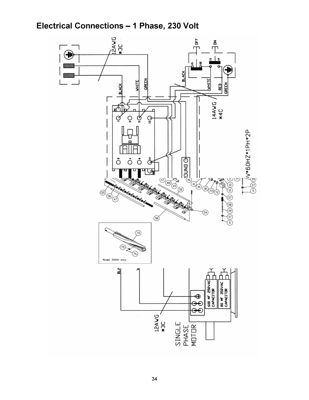 Powermatic 201HH operating instructions Electrical Connections 1 Phase, 230 Volt 