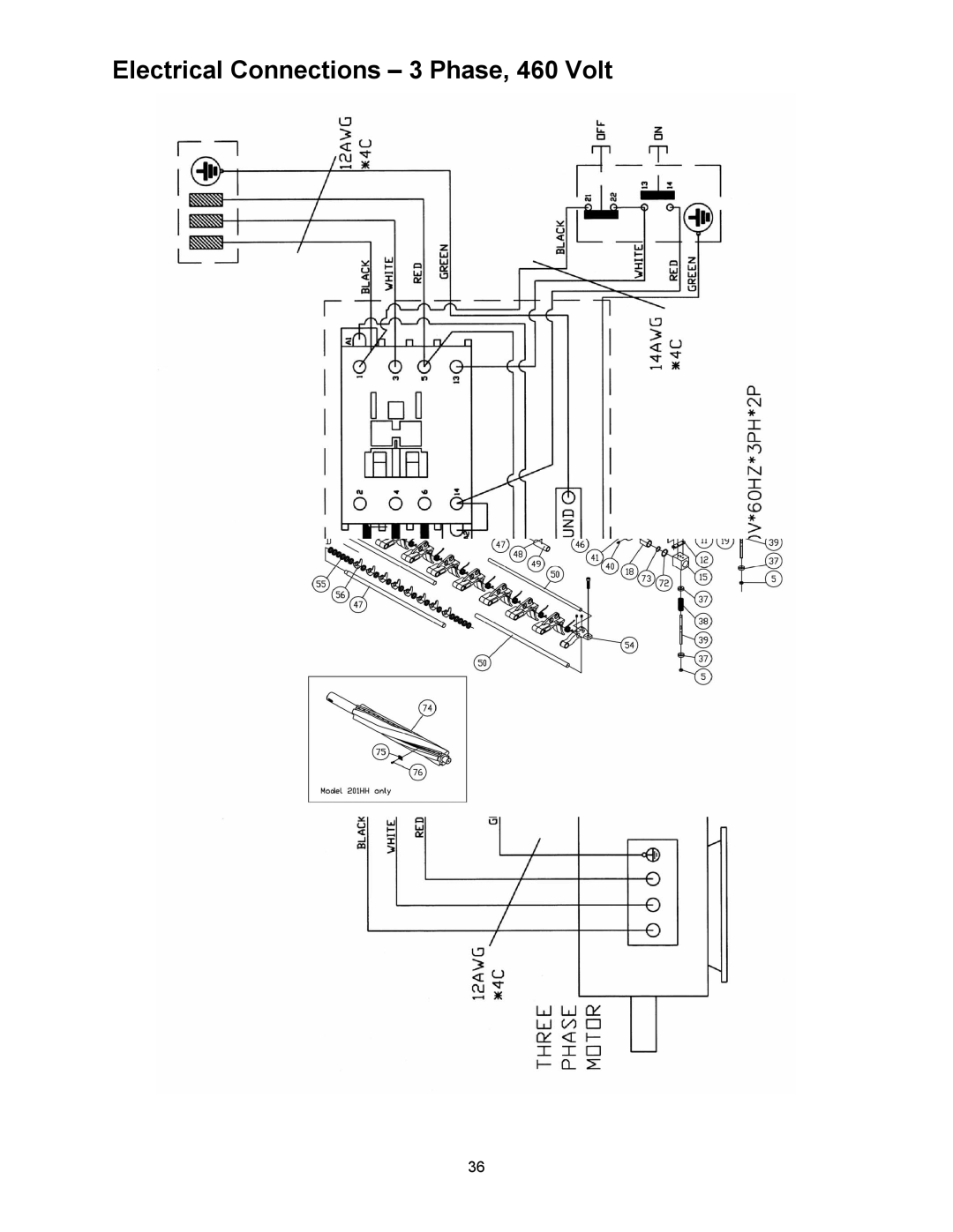 Powermatic 201HH operating instructions Electrical Connections 3 Phase, 460 Volt 