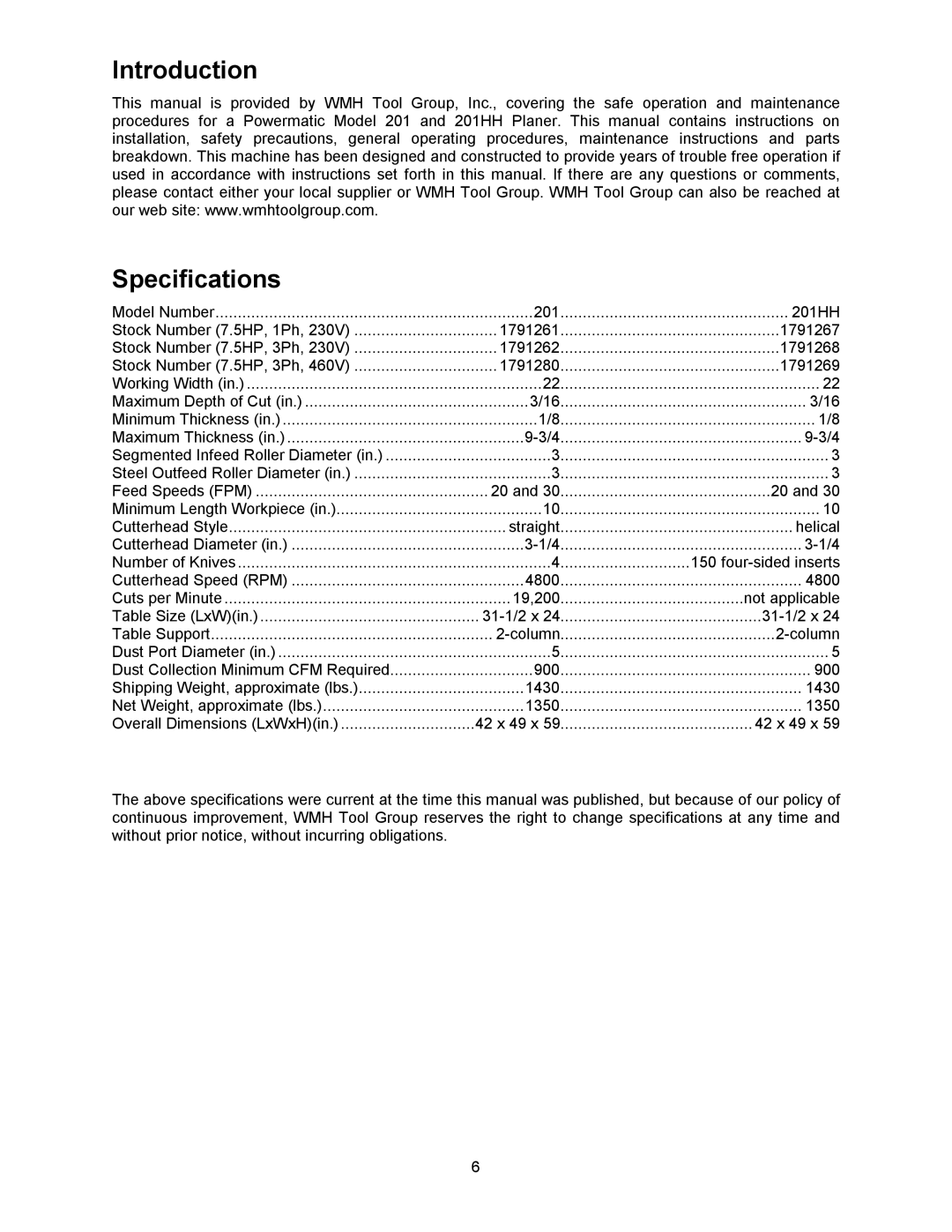 Powermatic 201HH operating instructions Introduction Specifications, 1791269 