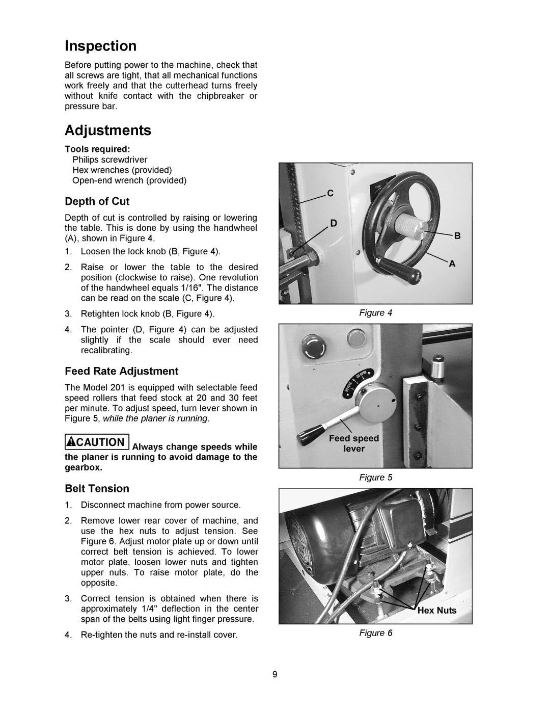 Powermatic 201HH operating instructions Inspection, Adjustments, Depth of Cut, Feed Rate Adjustment, Belt Tension 