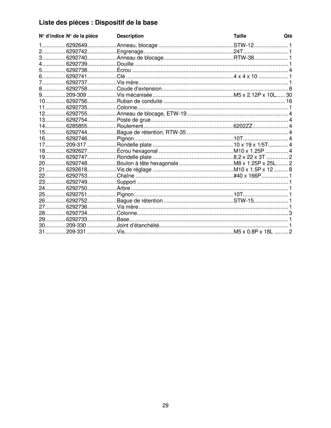 Powermatic 209HH operating instructions Liste des pièces Dispositif de la base 