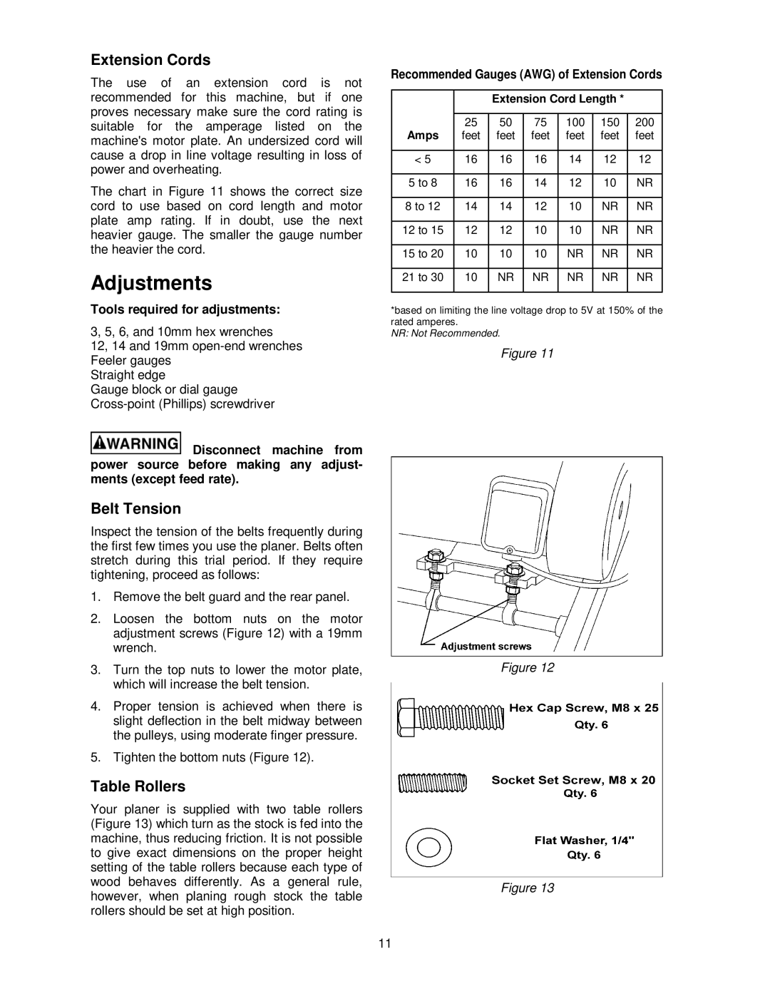 Powermatic 209HH operating instructions Adjustments, Extension Cords, Belt Tension, Table Rollers 