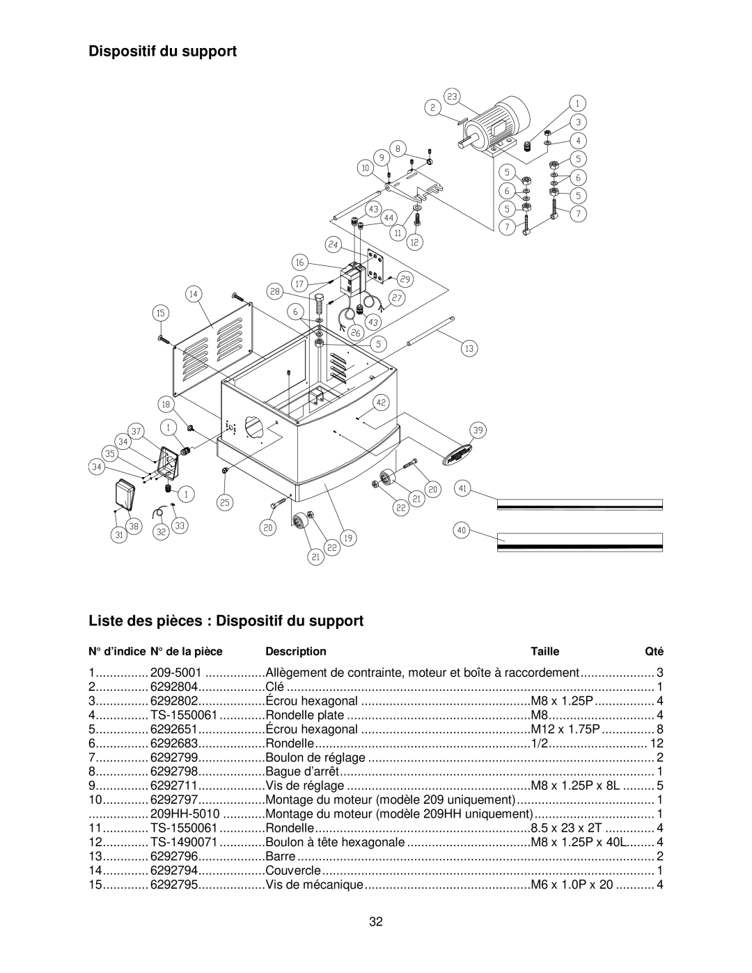 Powermatic 209HH operating instructions Dispositif du support Liste des pièces Dispositif du support 