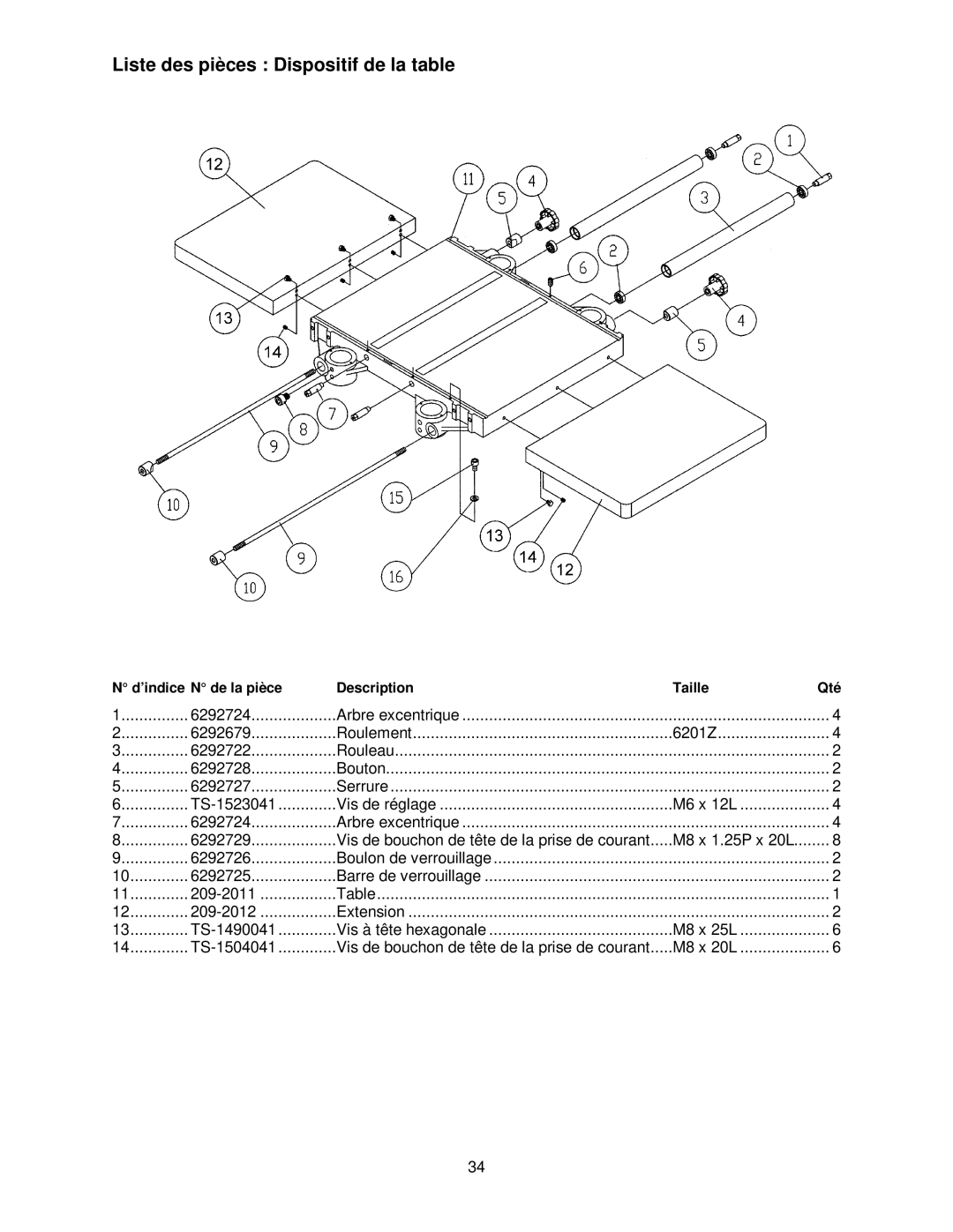 Powermatic 209HH operating instructions Liste des pièces Dispositif de la table 