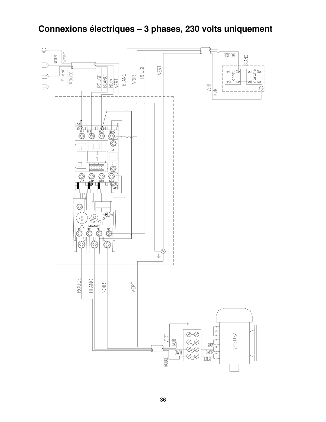 Powermatic 209HH operating instructions Connexions électriques 3 phases, 230 volts uniquement 