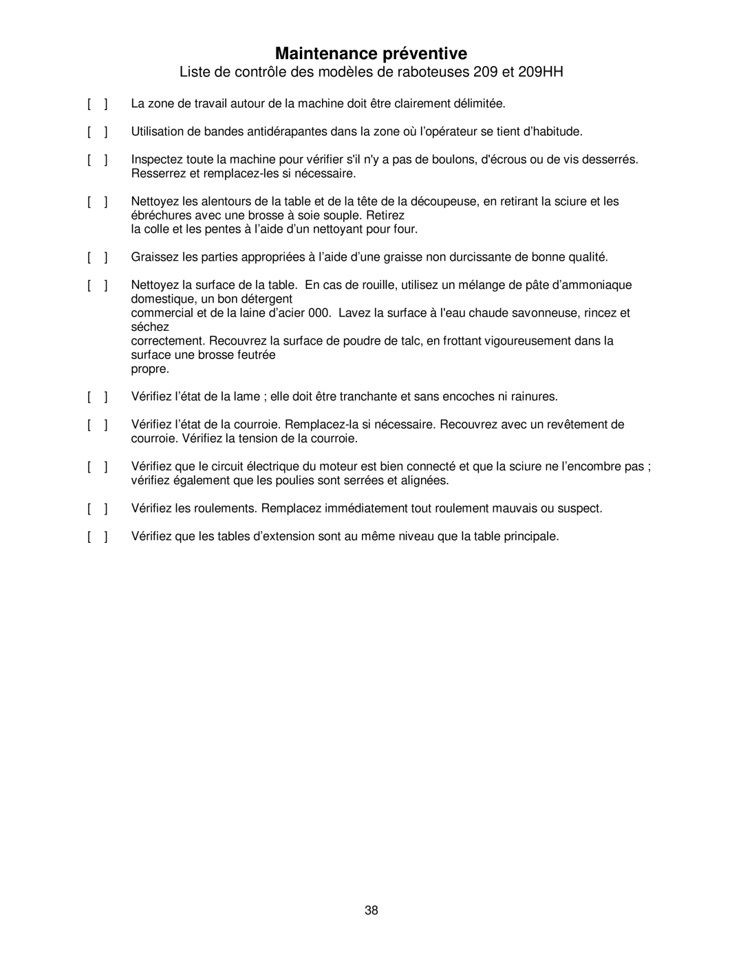 Powermatic 209HH operating instructions Maintenance préventive 