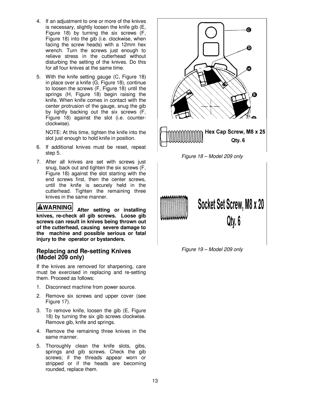 Powermatic 209HH operating instructions Replacing and Re-setting Knives Model 209 only 