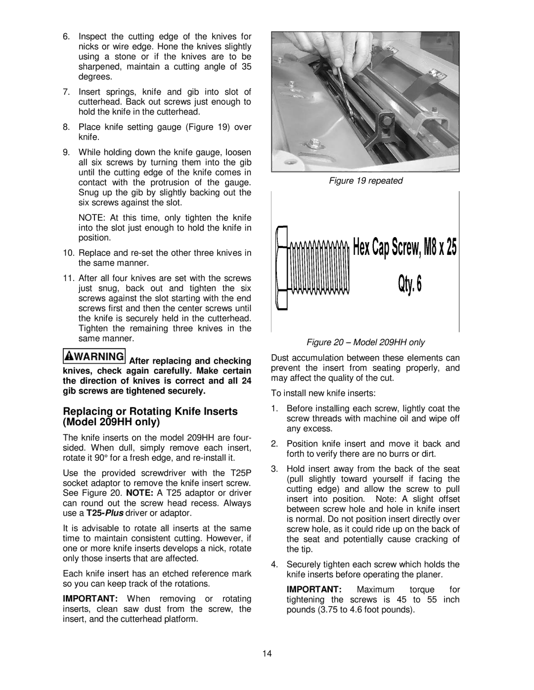 Powermatic operating instructions Replacing or Rotating Knife Inserts Model 209HH only, Repeated 