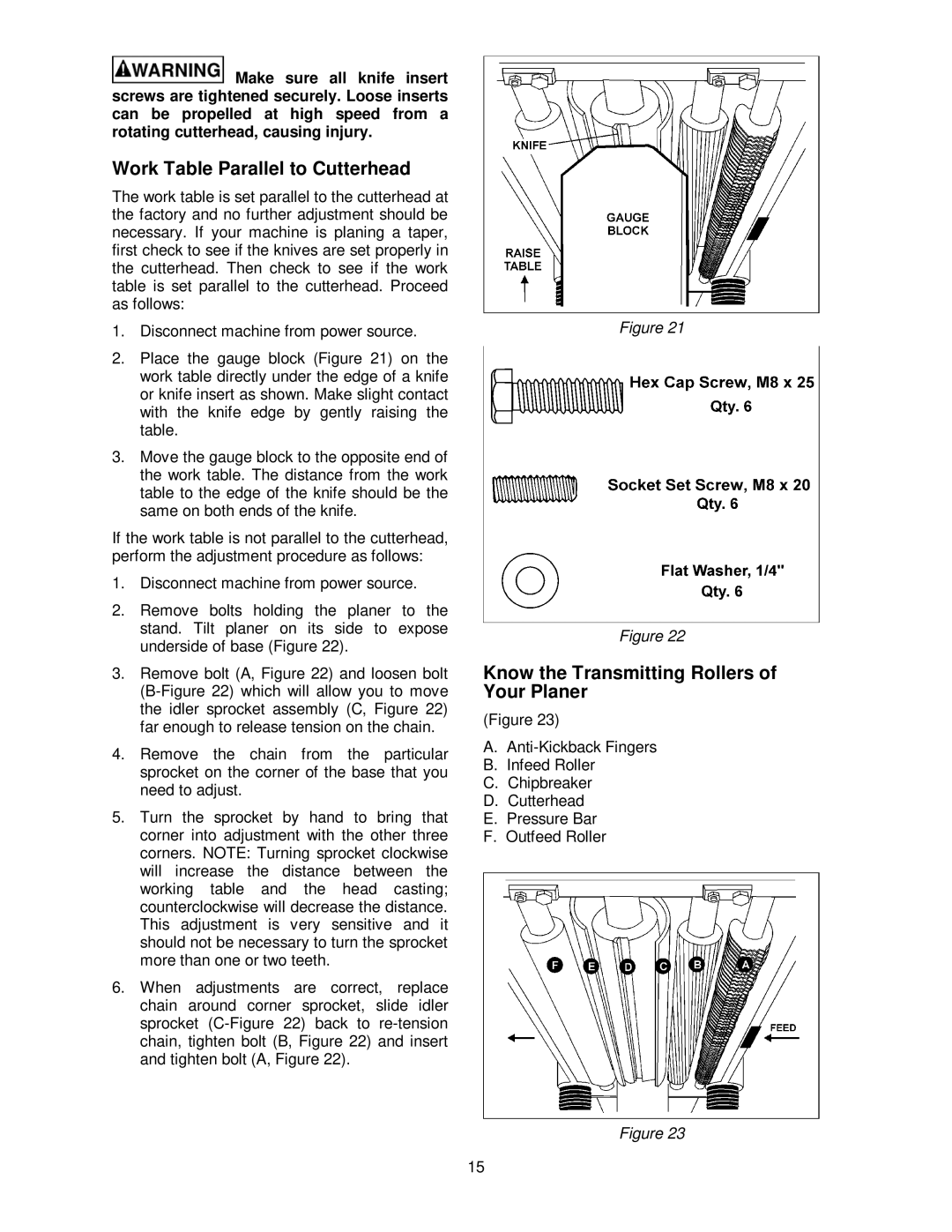 Powermatic 209HH operating instructions Work Table Parallel to Cutterhead, Know the Transmitting Rollers of Your Planer 