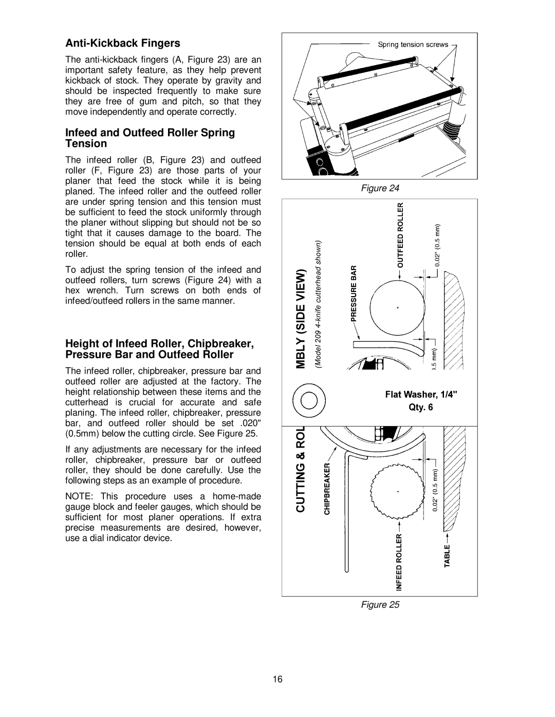 Powermatic 209HH operating instructions Anti-Kickback Fingers, Infeed and Outfeed Roller Spring Tension 