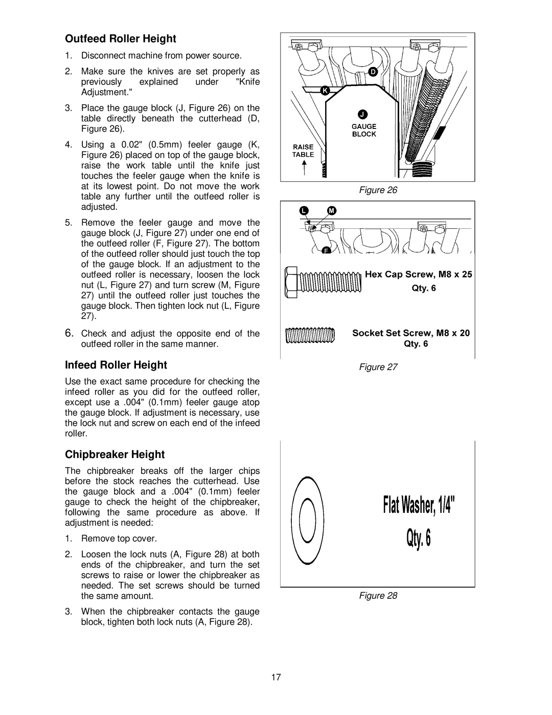 Powermatic 209HH operating instructions Outfeed Roller Height, Infeed Roller Height, Chipbreaker Height 