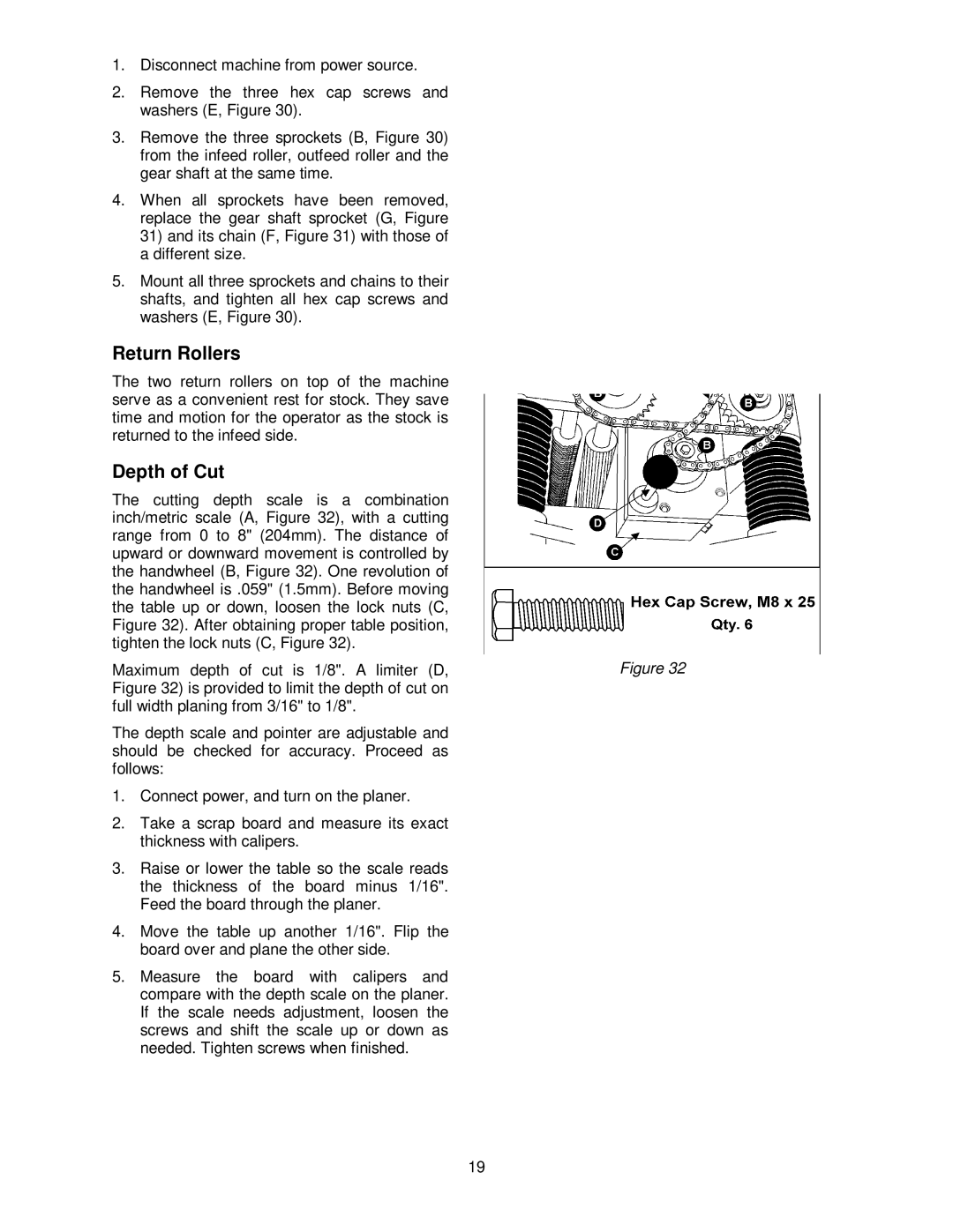 Powermatic 209HH operating instructions Return Rollers, Depth of Cut 