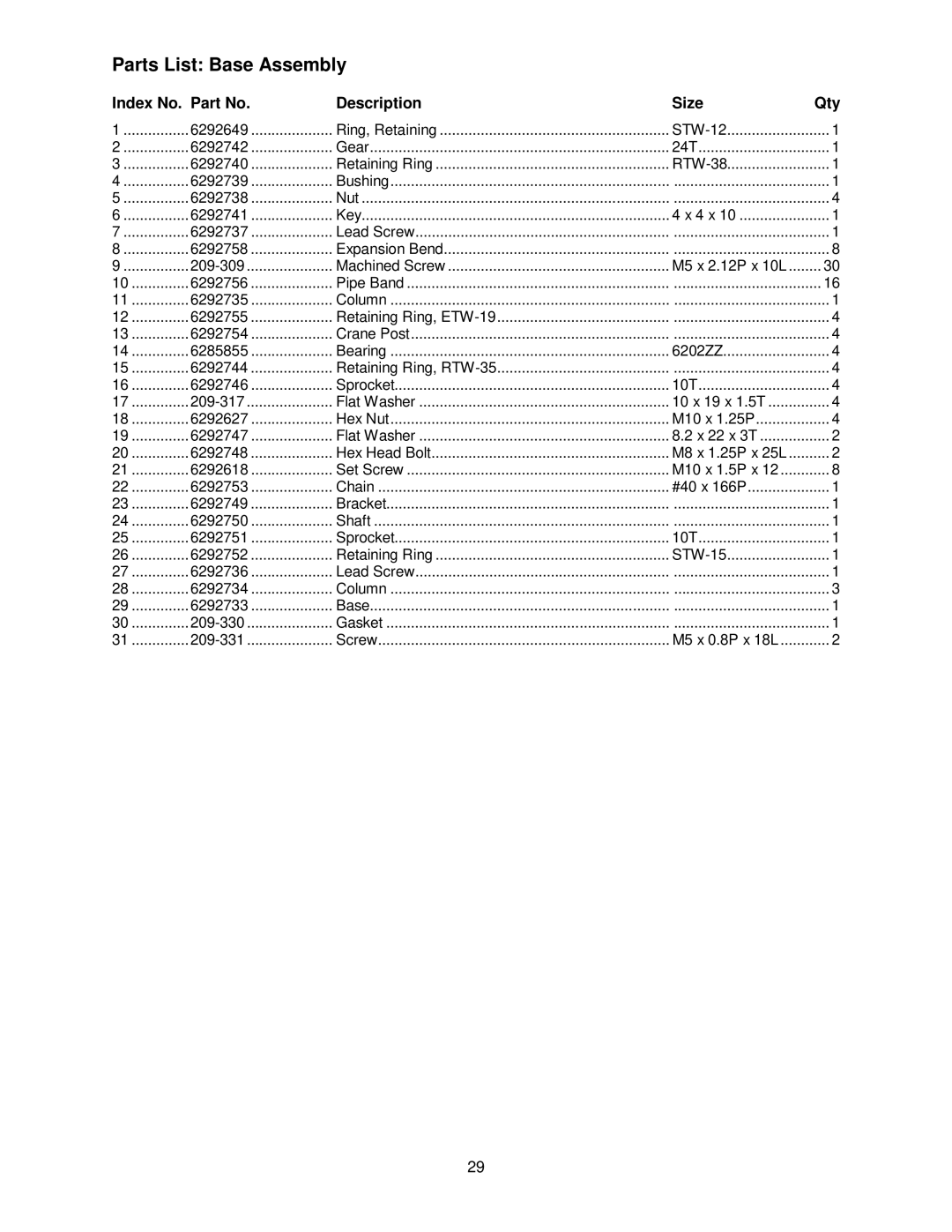 Powermatic 209HH operating instructions Parts List Base Assembly 