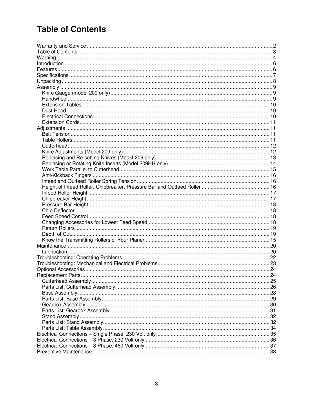 Powermatic 209HH operating instructions Table of Contents 