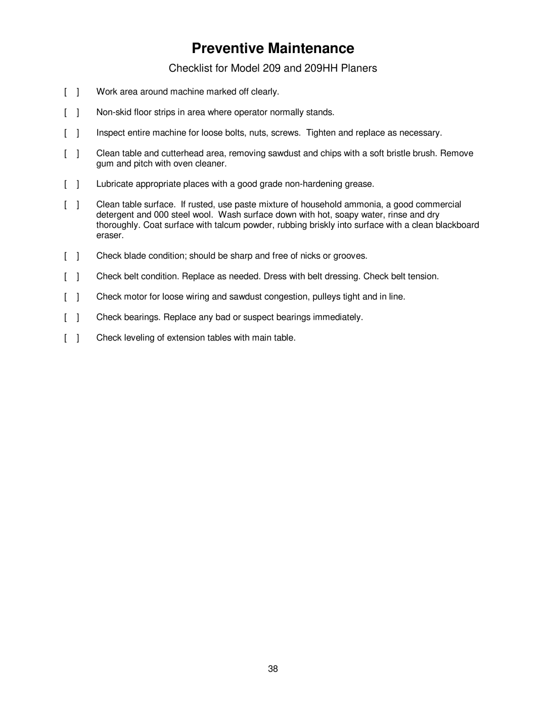 Powermatic operating instructions Preventive Maintenance, Checklist for Model 209 and 209HH Planers 