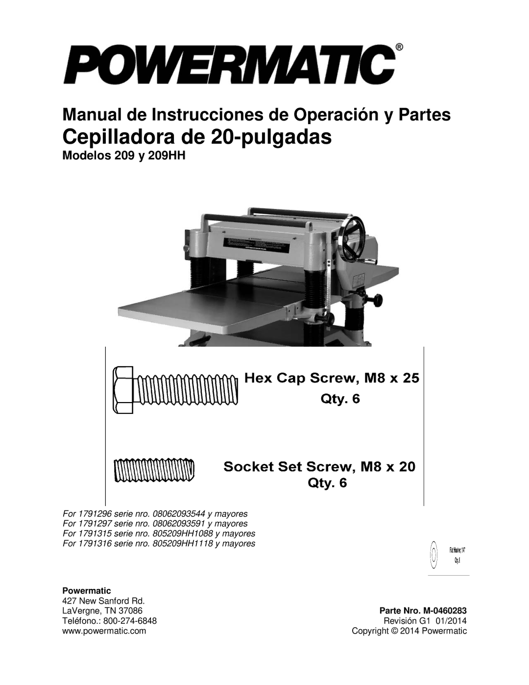 Powermatic 209HH operating instructions Cepilladora de 20-pulgadas, Parte Nro. M-0460283 