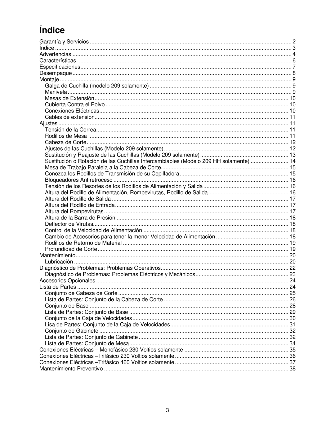 Powermatic 209HH operating instructions Índice 