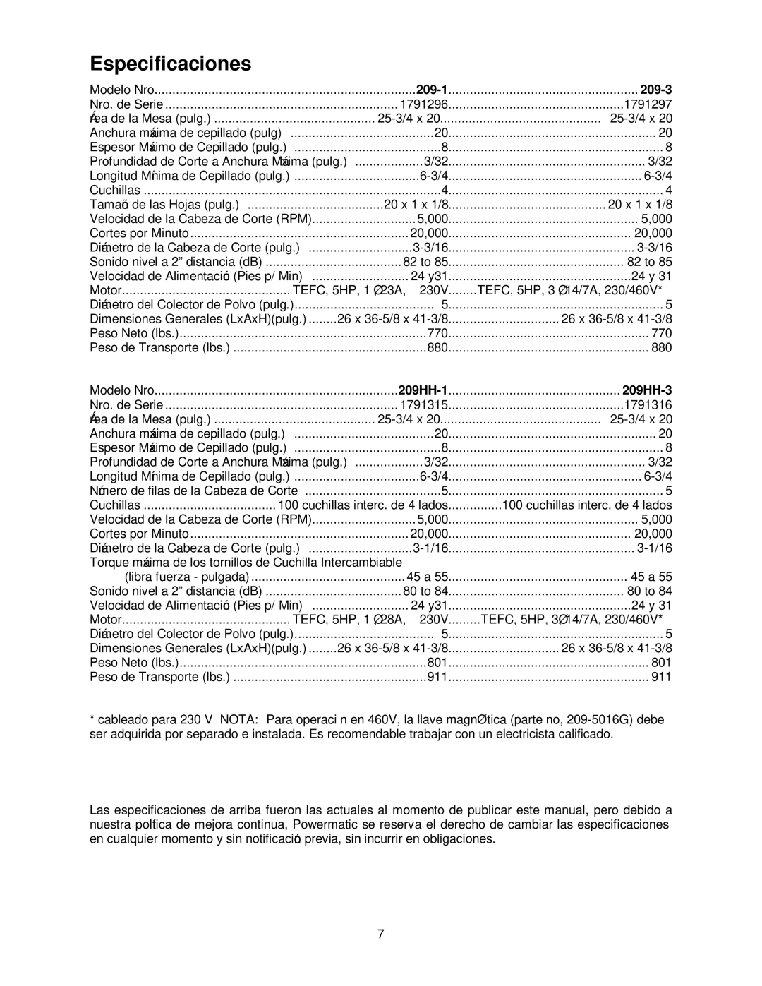 Powermatic 209HH operating instructions Especificaciones, 209-3 