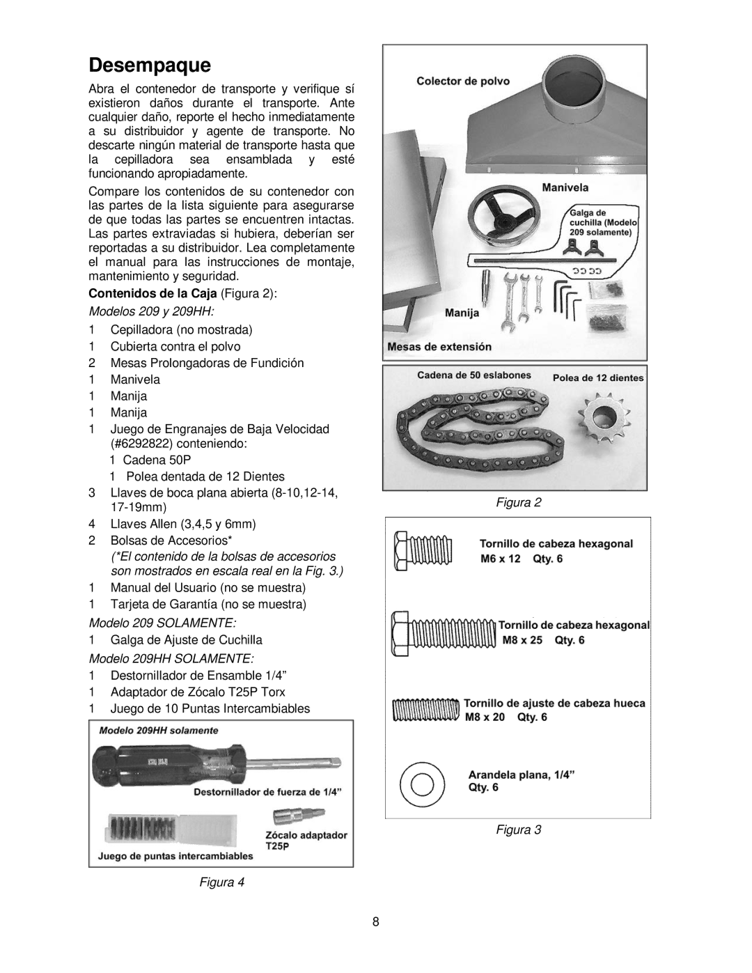 Powermatic 209HH operating instructions Desempaque, Contenidos de la Caja Figura 