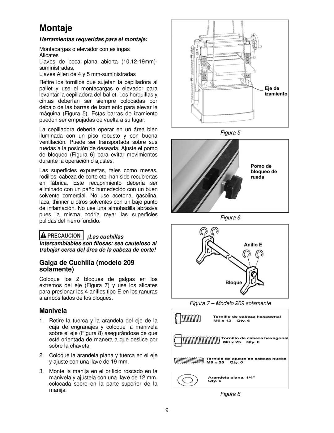 Powermatic 209HH operating instructions Montaje, Galga de Cuchilla modelo 209 solamente, Manivela 