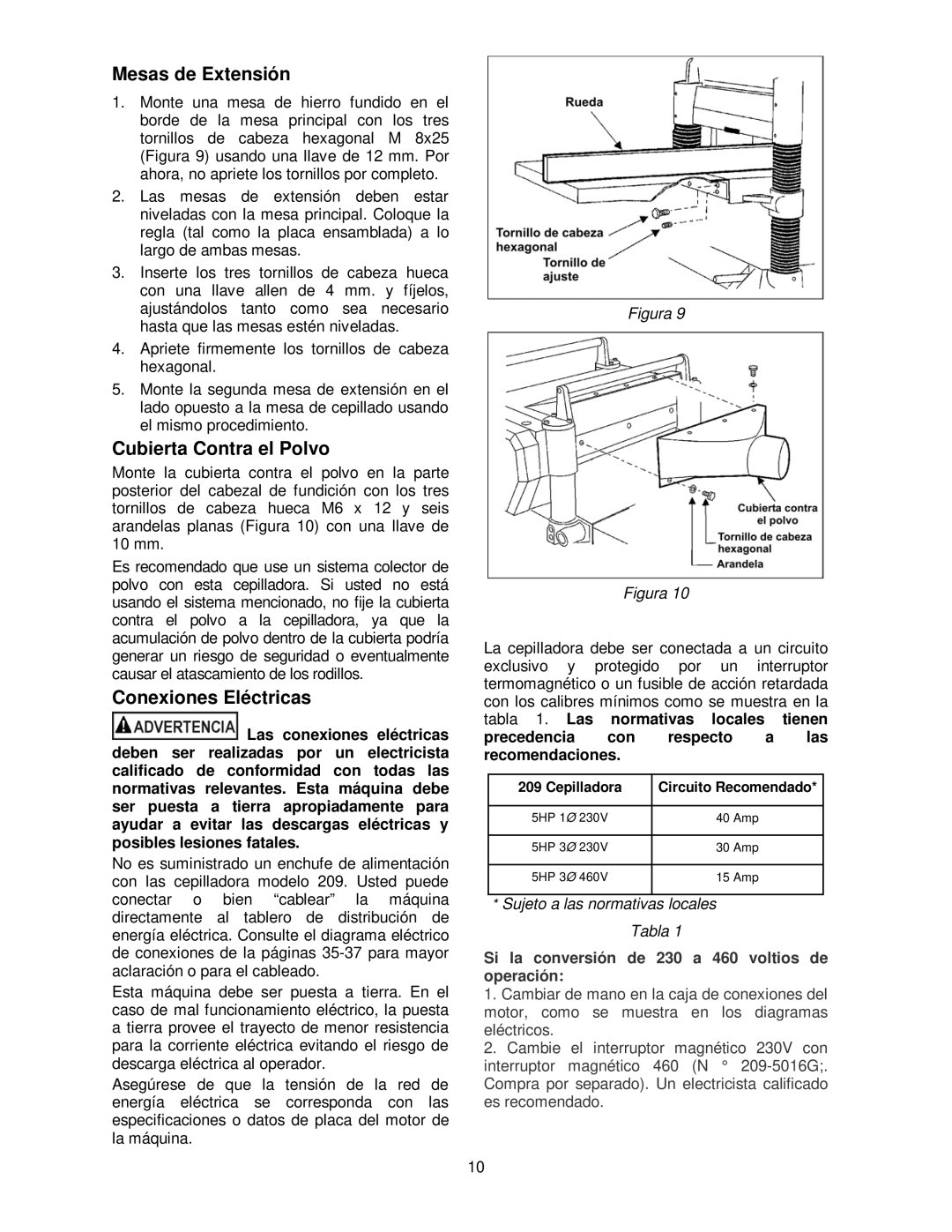 Powermatic 209HH operating instructions Mesas de Extensión, Cubierta Contra el Polvo, Conexiones Eléctricas 