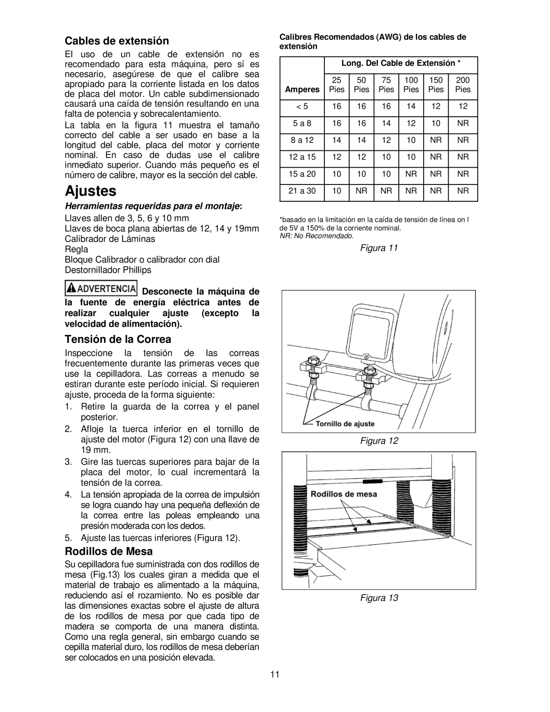 Powermatic 209HH operating instructions Ajustes, Cables de extensión, Tensión de la Correa, Rodillos de Mesa 