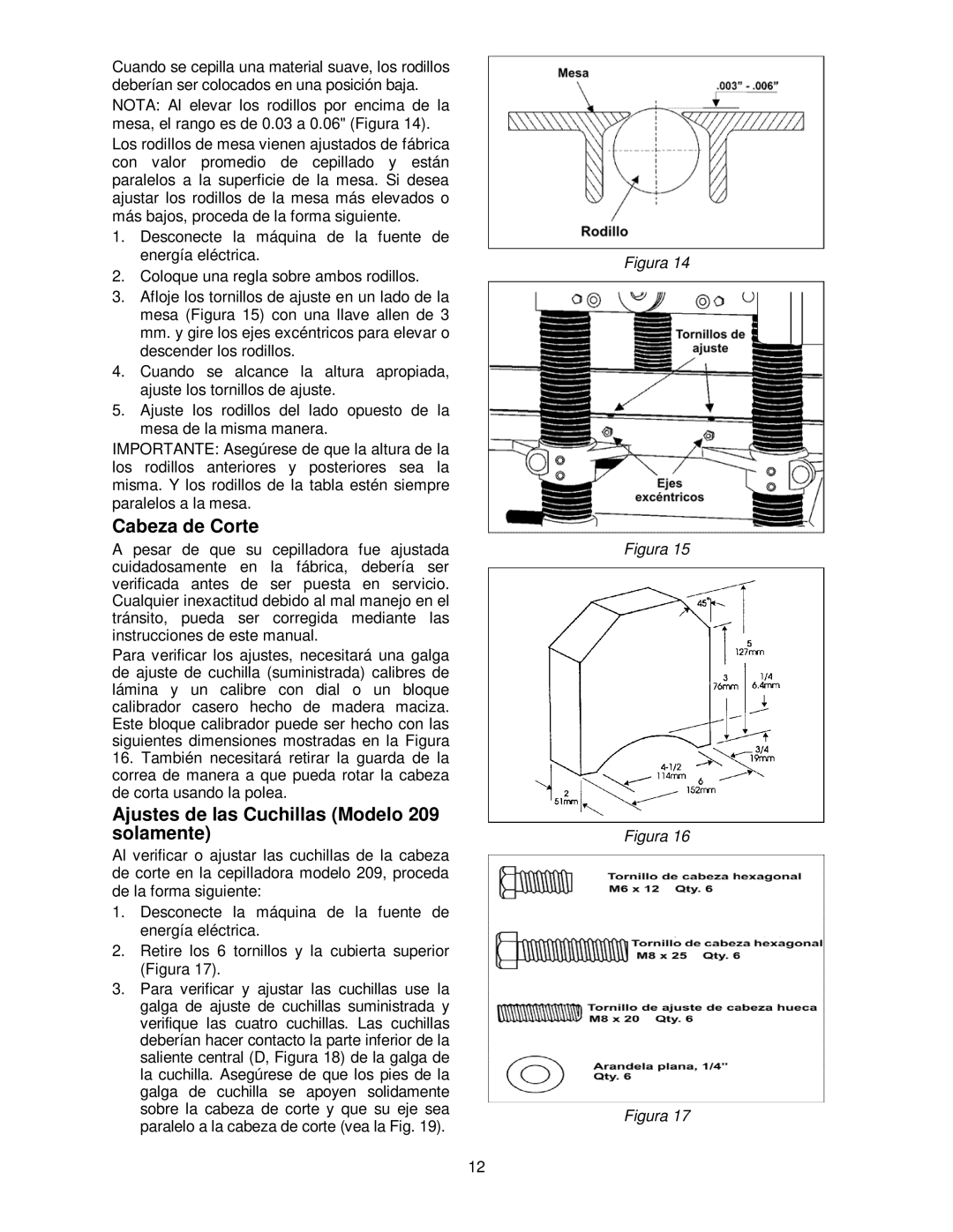 Powermatic 209HH operating instructions Cabeza de Corte, Ajustes de las Cuchillas Modelo 209 solamente 