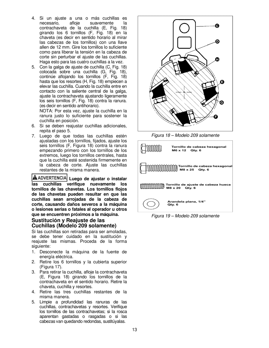 Powermatic 209HH operating instructions Sustitución y Reajuste de las Cuchillas Modelo 209 solamente 