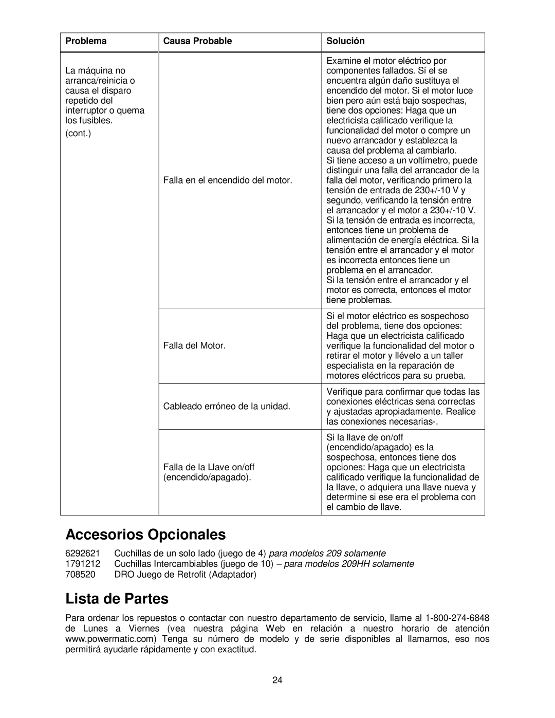 Powermatic 209HH operating instructions Accesorios Opcionales, Lista de Partes 