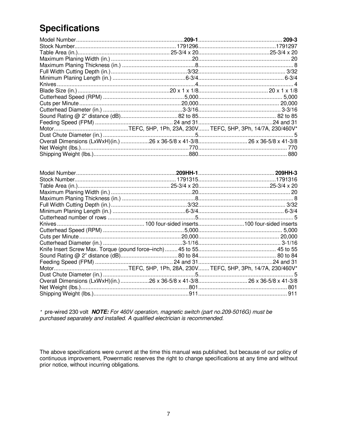 Powermatic operating instructions Specifications, 209-3, 209HH-3 