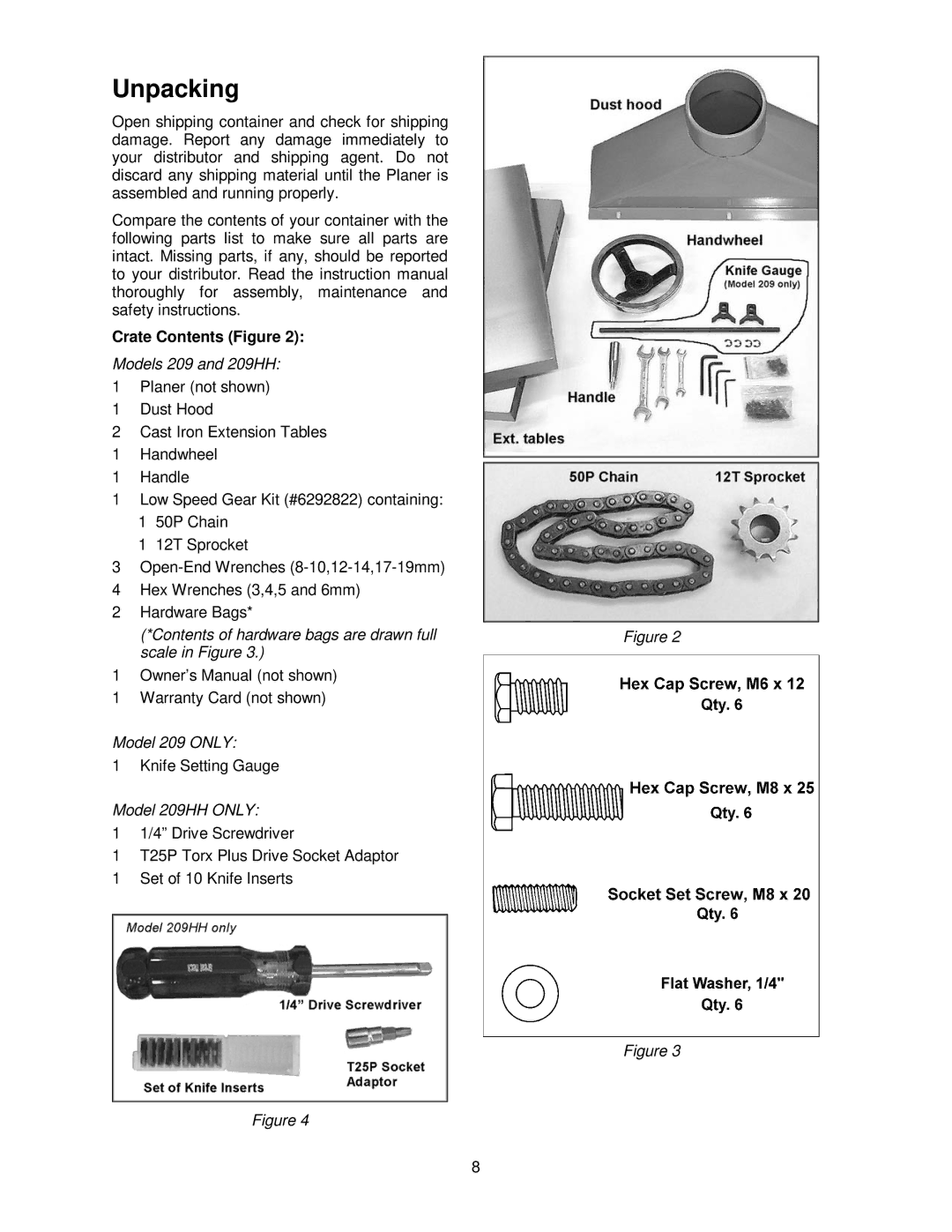 Powermatic 209HH operating instructions Unpacking, Crate Contents Figure 