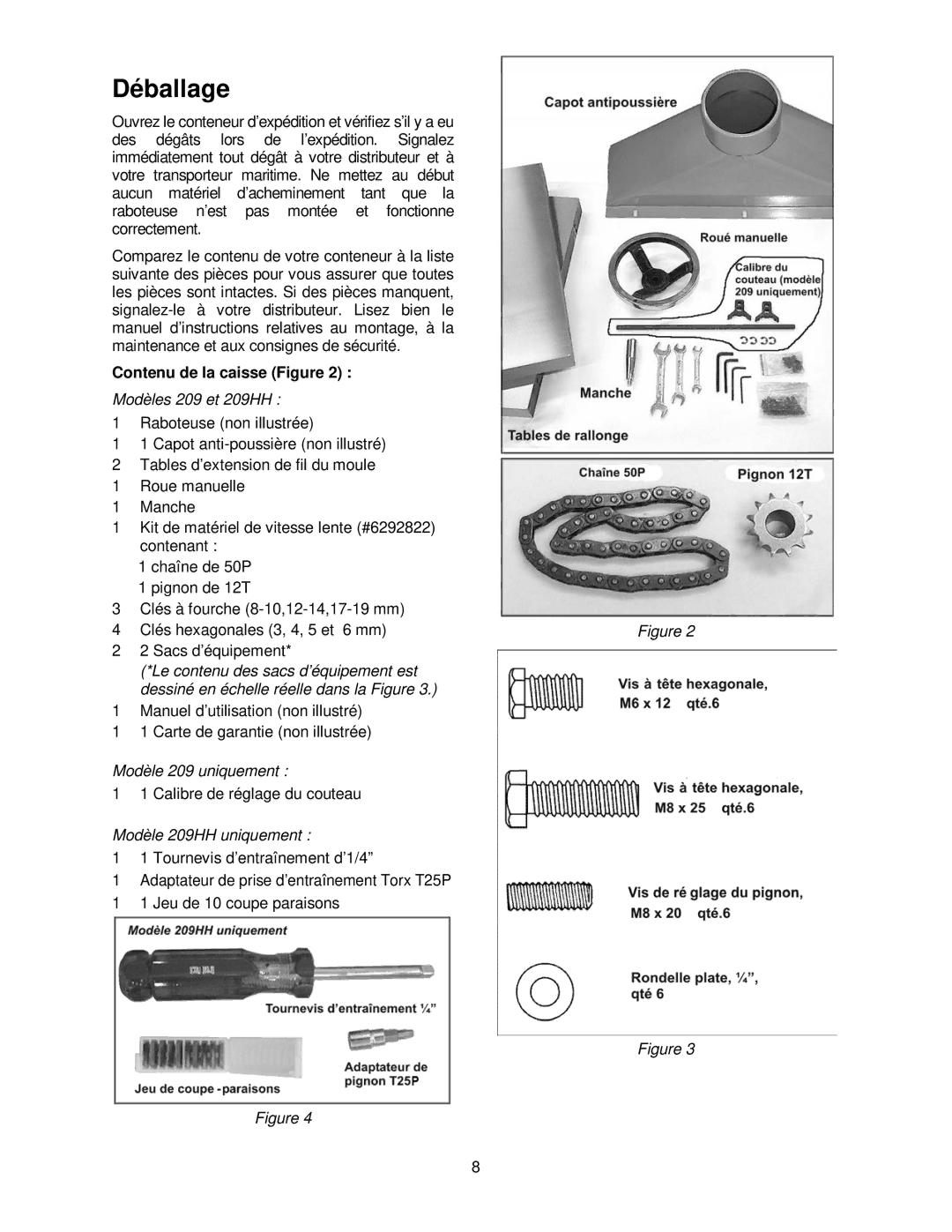 Powermatic 209HH operating instructions Déballage, Contenu de la caisse Figure 