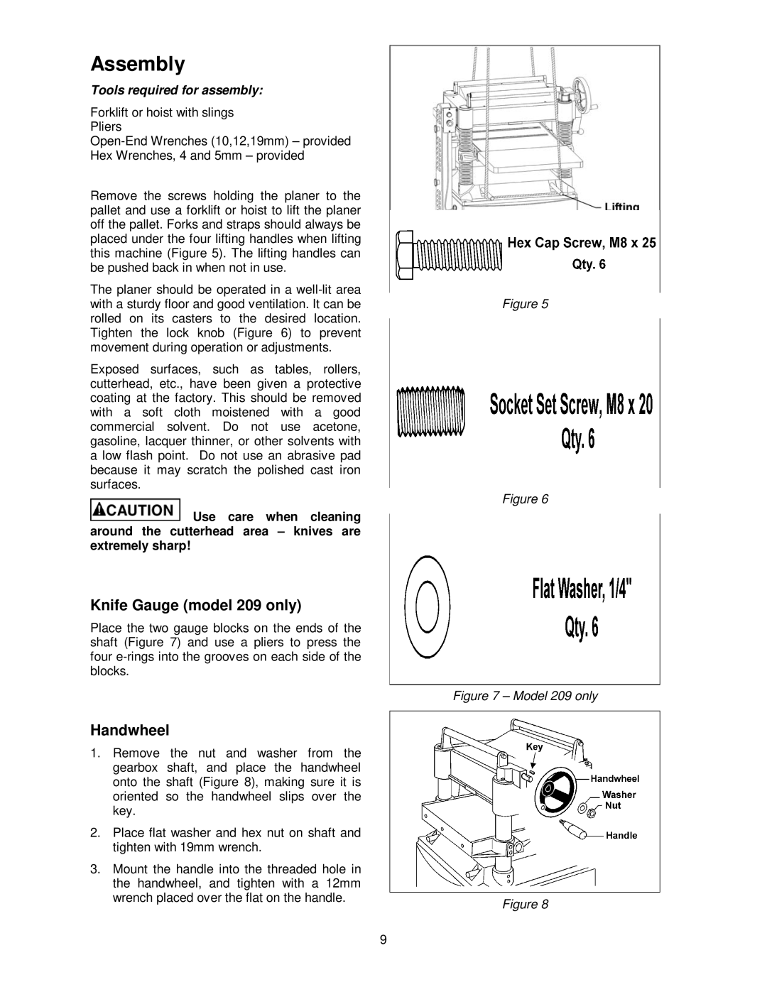 Powermatic 209HH operating instructions Assembly, Knife Gauge model 209 only, Handwheel 