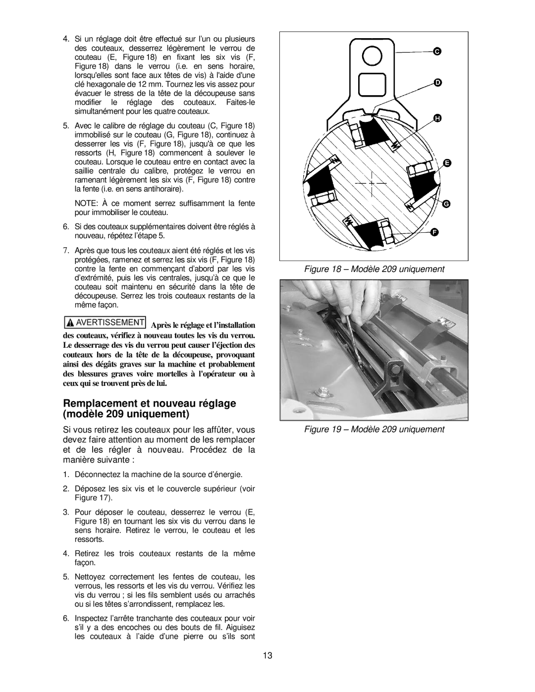 Powermatic 209HH operating instructions Remplacement et nouveau réglage modèle 209 uniquement, Modèle 209 uniquement 